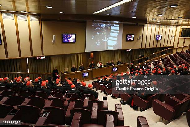 Pope Francis and cardinals attend the ordinary public consistory at the Synod Hall on October 20, 2014 in Vatican City, Vatican. The day after the...