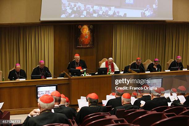 Pope Francis and cardinals attend the ordinary public consistory at the Synod Hall on October 20, 2014 in Vatican City, Vatican. The day after the...