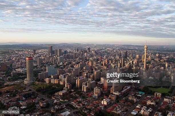 The central business district, also known as Johannesburg CBD, is seen with the Ponte Tower, a residential skyscraper, left, and the Hillbrow Telkom...