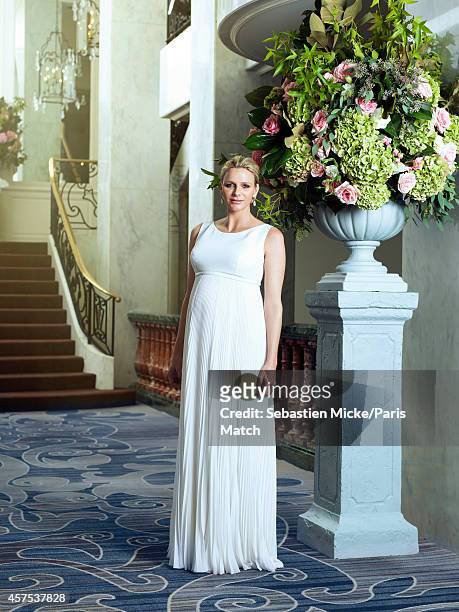 Princess Charlene of Monaco who is six months pregnant are photographed for Paris Match during an evening gala for the Foundation Princess Grace in...