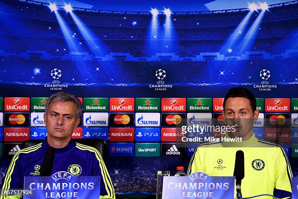 Chelsea manager Jose Mourinho and Nemanja Matic of Chelsea speak to the media during the Chelsea FC Press Conference ahead of the UEFA Champions...