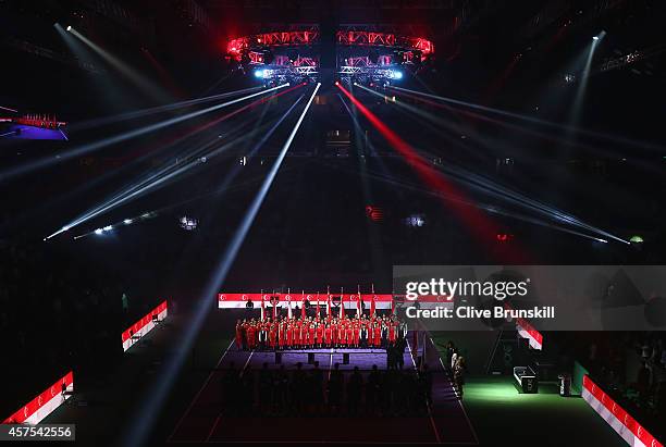 Local choir sing at the opening ceremony prior to the start of the opening round robin match of the BNP Paribas WTA Finals at Singapore Sports Hub on...