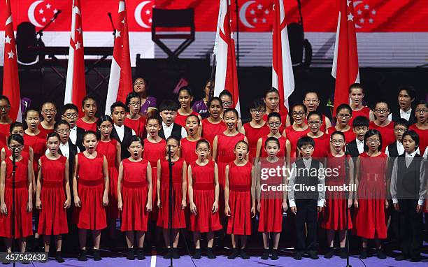 Local choir sing at the opening ceremony prior to the start of the opening round robin match of the BNP Paribas WTA Finals at Singapore Sports Hub on...