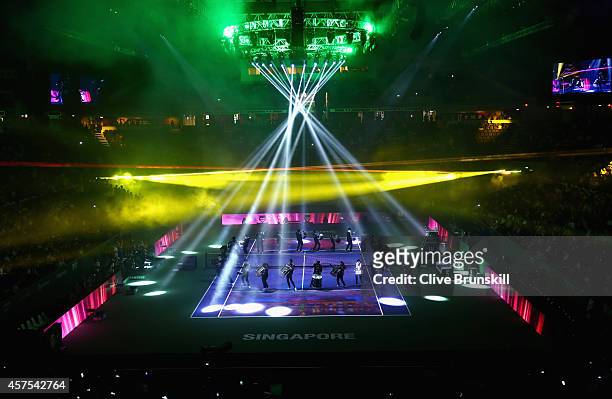 Spotlights light up the court at the opening ceremony prior to the start of the opening round robin match of the BNP Paribas WTA Finals at Singapore...