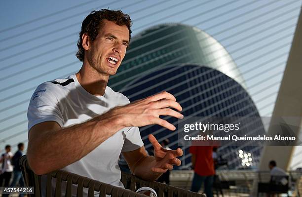 Andy Murray of Great Britain during an interview on day one of the ATP 500 World Tour Valencia Open tennis tournament at the Ciudad de las Artes y...