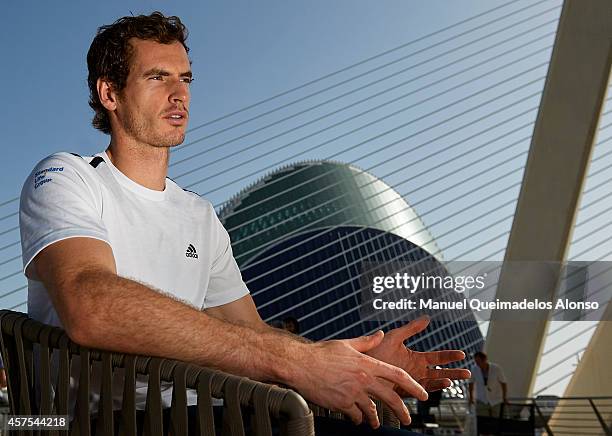 Andy Murray of Great Britain during an interview on day one of the ATP 500 World Tour Valencia Open tennis tournament at the Ciudad de las Artes y...