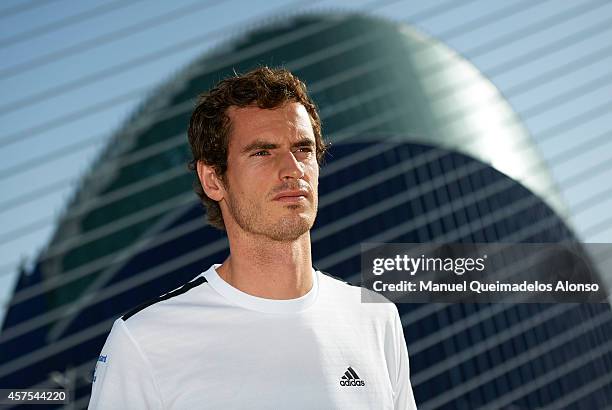 Andy Murray of Great Britain poses during day one of the ATP 500 World Tour Valencia Open tennis tournament at the Ciudad de las Artes y las Ciencias...