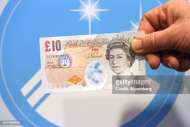 Sample Polymer ten pound British banknote is held for an arranged photograph during a news conference to announce the results of a public...