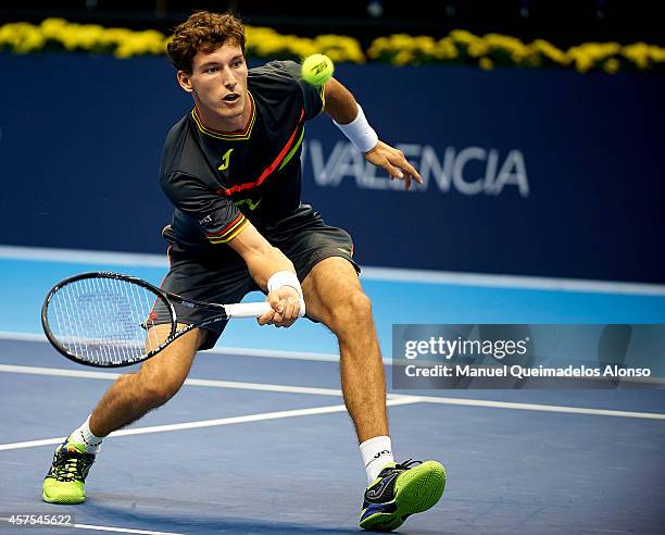 Pablo Carreno Busta of Spain in action against Marcel Granollers of Spain during day one of the ATP 500 World Tour Valencia Open tennis tournament at...