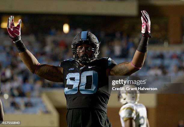 Nazair Jones of the North Carolina Tar Heels gestures during their game against the Georgia Tech Yellow Jackets at Kenan Stadium on October 18, 2014...