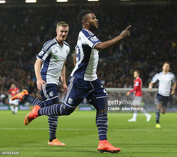 Stephane Sessegnon of West Bromwich Albion celebrates scoring their first goal during the Barclays Premier League match between West Bromwich Albion...