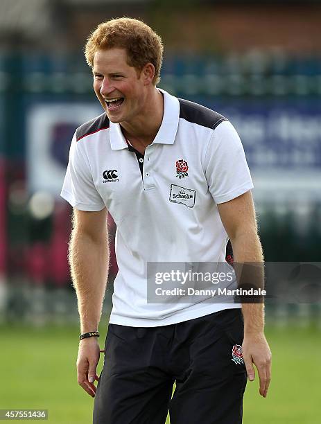 Prince Harry, Patron of England Rugby's All Schools Programme, takes part in a teacher training session and rugby festival at Eccles RFC on October...