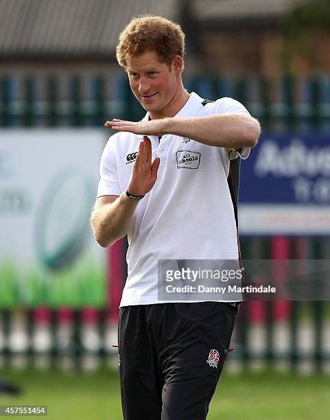 Prince Harry, Patron of England Rugby's All Schools Programme, takes part in a teacher training session and rugby festival at Eccles RFC on October...
