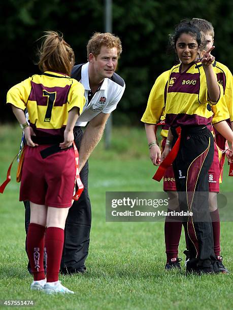 Prince Harry, Patron of England Rugby's All Schools Programme, takes part in a teacher training session and rugby festival at Eccles RFC on October...