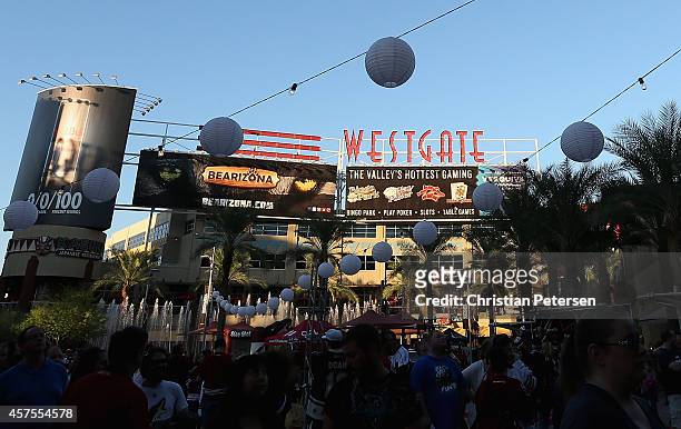 General view outside of Gila River Arena at the Westgate Center before the NHL game between the Arizona Coyotes and the Winnipeg Jets on October 9,...