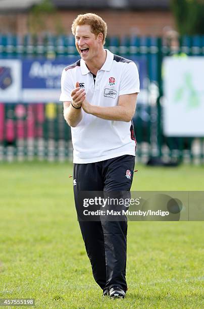 Prince Harry, Patron of England Rugby's All Schools Programme takes part in a teacher training session and rugby festival at Eccles RFC on October...