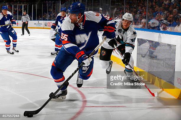 Johnny Boychuk of the New York Islanders skates against the San Jose Sharks at Nassau Veterans Memorial Coliseum on October 16, 2014 in Uniondale,...