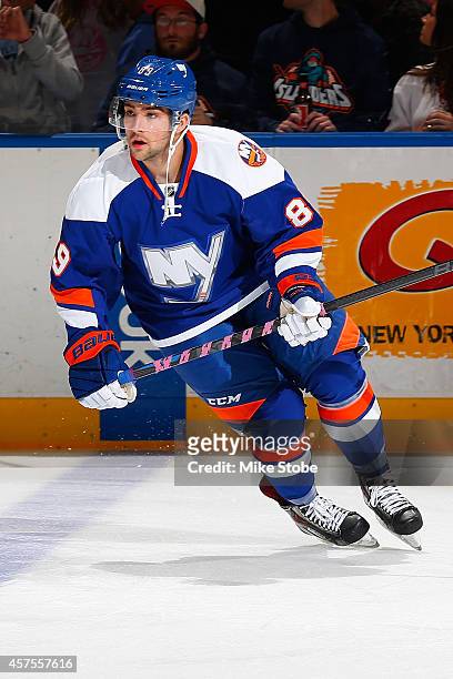 Cory Conacher of the New York Islanders skates during warm-ups prior to their game against the San Jose Sharks at Nassau Veterans Memorial Coliseum...