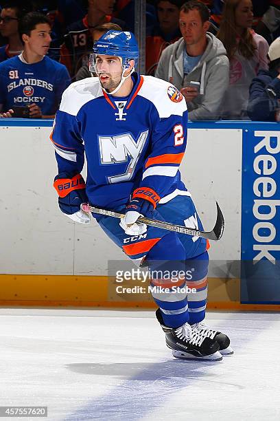 Nick Leddy of the New York Islanders skates during warm-ups prior to their game against the San Jose Sharks at Nassau Veterans Memorial Coliseum on...