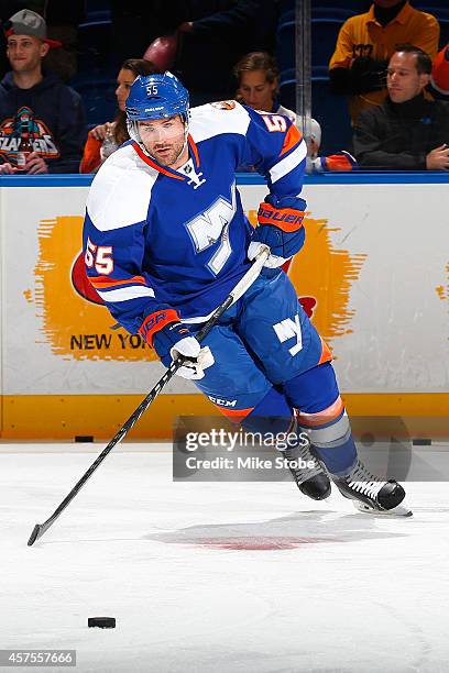 Johnny Boychuk of the New York Islanders skates during warm-ups prior to their game against the San Jose Sharks at Nassau Veterans Memorial Coliseum...