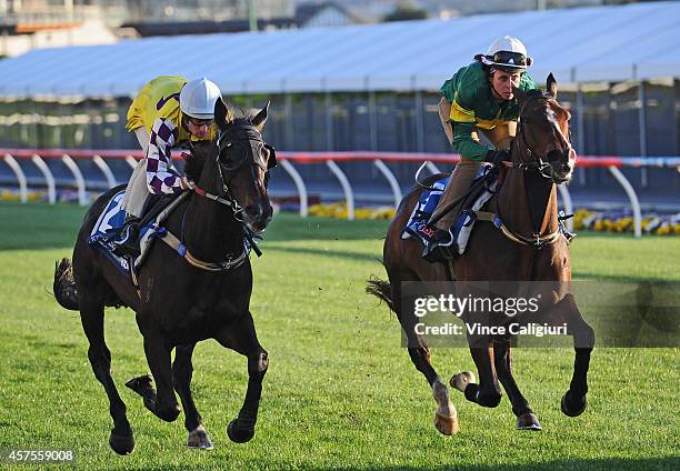 Hugh Bowman riding Sacred Falls and Justine Hales riding Foreteller during Breakfast With The Best Track Gallops at Mooney Valley Racecourse on...