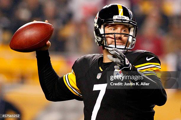 Ben Roethlisberger of the Pittsburgh Steelers looks to throw a pass in the first quarter against the Houston Texans during their game at Heinz Field...