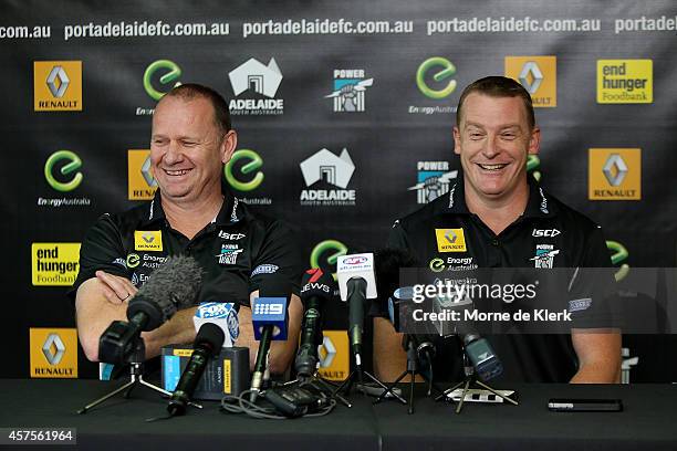 Ken Hinkley and Michael Voss speak to the media during a Port Power AFL press conference at Alberton Oval on October 21, 2014 in Adelaide, Australia.