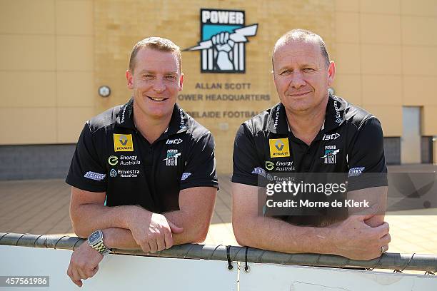 Michael Voss and Ken Hinkley pose of a photograph after a Port Power AFL press conference at Alberton Oval on October 21, 2014 in Adelaide, Australia.