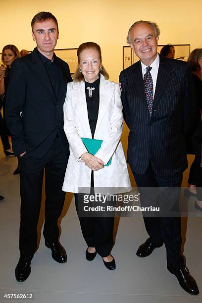 Raf Simons, Doris Brynner and Frederic Mitterrand attend the Foundation Louis Vuitton Opening at Foundation Louis Vuitton on October 20, 2014 in...