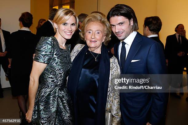 Bernadette Chirac standing between Gaultier Capucon and his wife attend the Foundation Louis Vuitton Opening at Foundation Louis Vuitton on October...