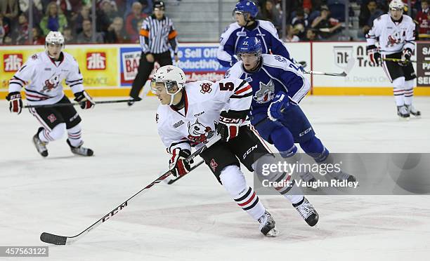 Blake Siebenaler of the Niagara Ice Dogs heads up ice during an OHL game between the Sudbury Wolves and the Niagara Ice Dogs at the Meridian Centre...