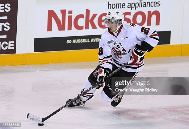 Aaron Haydon of the Niagara Ice Dogs skates during an OHL game between the Sudbury Wolves and the Niagara Ice Dogs at the Meridian Centre on October...