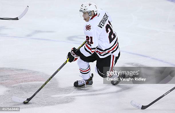Carter Verhaeghe of the Niagara Ice Dogs skates during an OHL game between the Sudbury Wolves and the Niagara Ice Dogs at the Meridian Centre on...