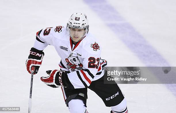 Johnny Corneil of the Niagara Ice Dogs skates during an OHL game between the Sudbury Wolves and the Niagara Ice Dogs at the Meridian Centre on...