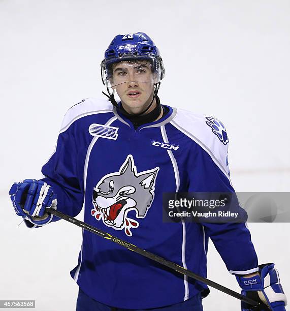 Kyle Capobianco of the Sudbury Wolves looks into the crowd during an OHL game between the Sudbury Wolves and the Niagara Ice Dogs at the Meridian...