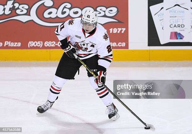 Carter Verhaeghe of the Niagara Ice Dogs skates during an OHL game between the Sudbury Wolves and the Niagara Ice Dogs at the Meridian Centre on...