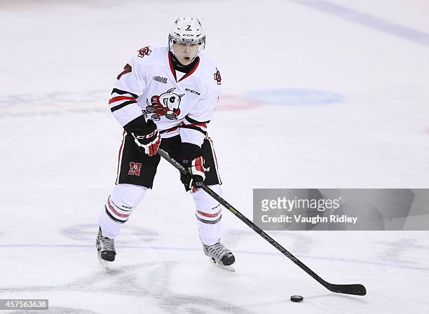 Mikkel Aagaard of the Niagara Ice Dogs skates during an OHL game between the Sudbury Wolves and the Niagara Ice Dogs at the Meridian Centre on...