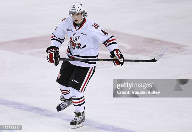 Vince Dunn of the Niagara Ice Dogs skates during an OHL game between the Sudbury Wolves and the Niagara Ice Dogs at the Meridian Centre on October...