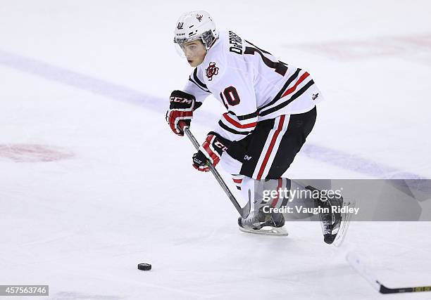 Anthony DiFruscia of the Niagara Ice Dogs skates during an OHL game between the Sudbury Wolves and the Niagara Ice Dogs at the Meridian Centre on...