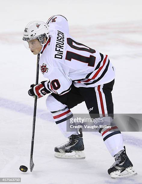Anthony DiFruscia of the Niagara Ice Dogs skates during an OHL game between the Sudbury Wolves and the Niagara Ice Dogs at the Meridian Centre on...