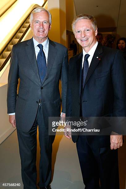 Michel Barnier and Paul Desmarais attend the Foundation Louis Vuitton Opening at Foundation Louis Vuitton on October 20, 2014 in...
