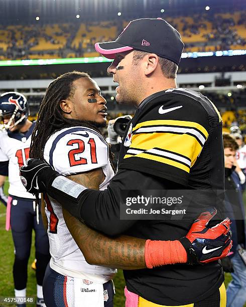 Ben Roethlisberger of the Pittsburgh Steelers talks with Kendrick Lewis of the Houston Texans after Pittsburgh's 30-23 win at Heinz Field on October...