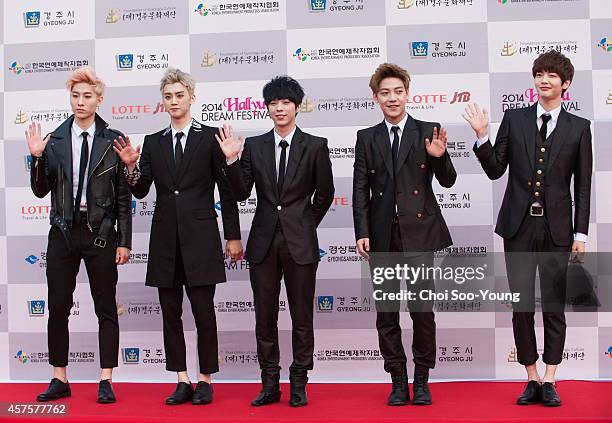 Pose for photographs during the 2014 Hallyu Dream Concert at Gyeongju Citizen Stadium on September 28, 2014 in Seoul, South Korea.