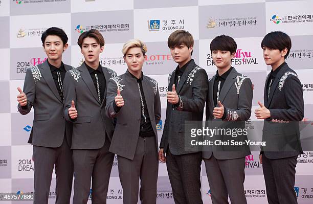 Exo-K pose for photographs during the 2014 Hallyu Dream Concert at Gyeongju Citizen Stadium on September 28, 2014 in Seoul, South Korea.