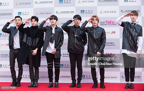 Pose for photographs during the 2014 Hallyu Dream Concert at Gyeongju Citizen Stadium on September 28, 2014 in Seoul, South Korea.