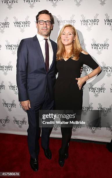 Jon Hamm and Jennifer Westfeldt attend the Off-Broadway opening Night Performance of 'Billy & Ray' at the Vineyard Theatre on October 20, 2014 in New...