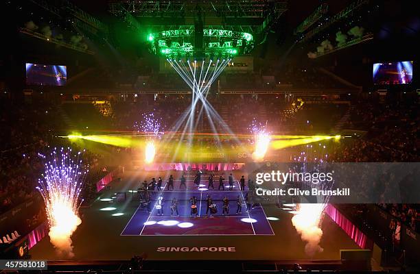 Fireworks light up the court at the opening ceremony prior to the start of the opening round robin match of the BNP Paribas WTA Finals at Singapore...