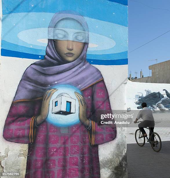 Three dimensional picture on a wall is seen in Djerba island of Tunisia, on October 17, 2014. Three dimensional pictures painted by the 150 street...