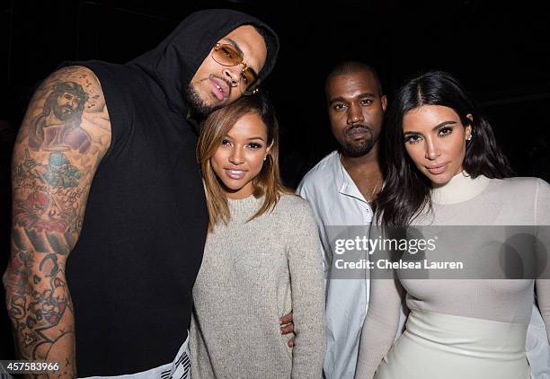 Recording artist Chris Brown, model Karrueche Tran, Kanye West and TV personality Kim Kardashian attend Teyana Taylor's VII listening event presented...