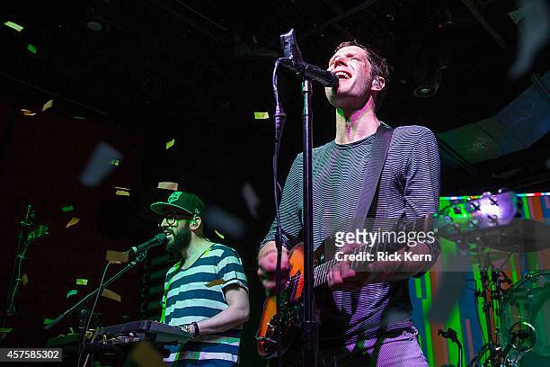 Musicians Tim Nordwind and Damian Kulash of OK Go perform in concert at The Parish on October 20, 2014 in Austin, Texas.